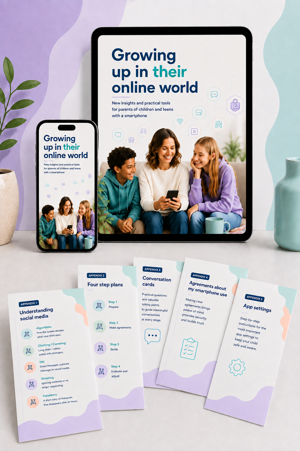 The ebook Growing up in their online world shown on a tablet with its five printable extras